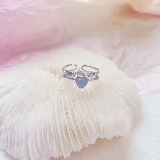 MENGJIQIAO 2020 Korean Sweet Heart Crystal Flower Cubic Zircon Adjustable Rings For Women Fashion Cute Butterfly Bague Jewelry