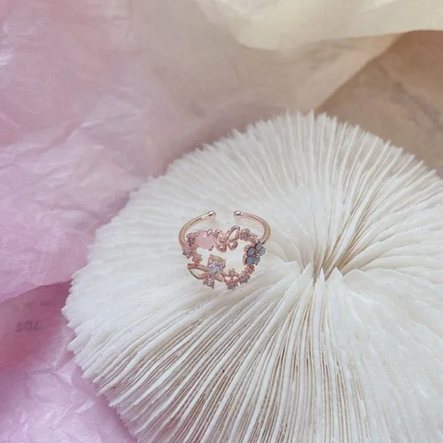 MENGJIQIAO 2020 Korean Sweet Heart Crystal Flower Cubic Zircon Adjustable Rings For Women Fashion Cute Butterfly Bague Jewelry