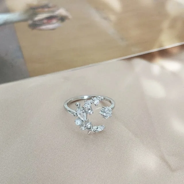 MENGJIQIAO 2020 Korean Sweet Heart Crystal Flower Cubic Zircon Adjustable Rings For Women Fashion Cute Butterfly Bague Jewelry