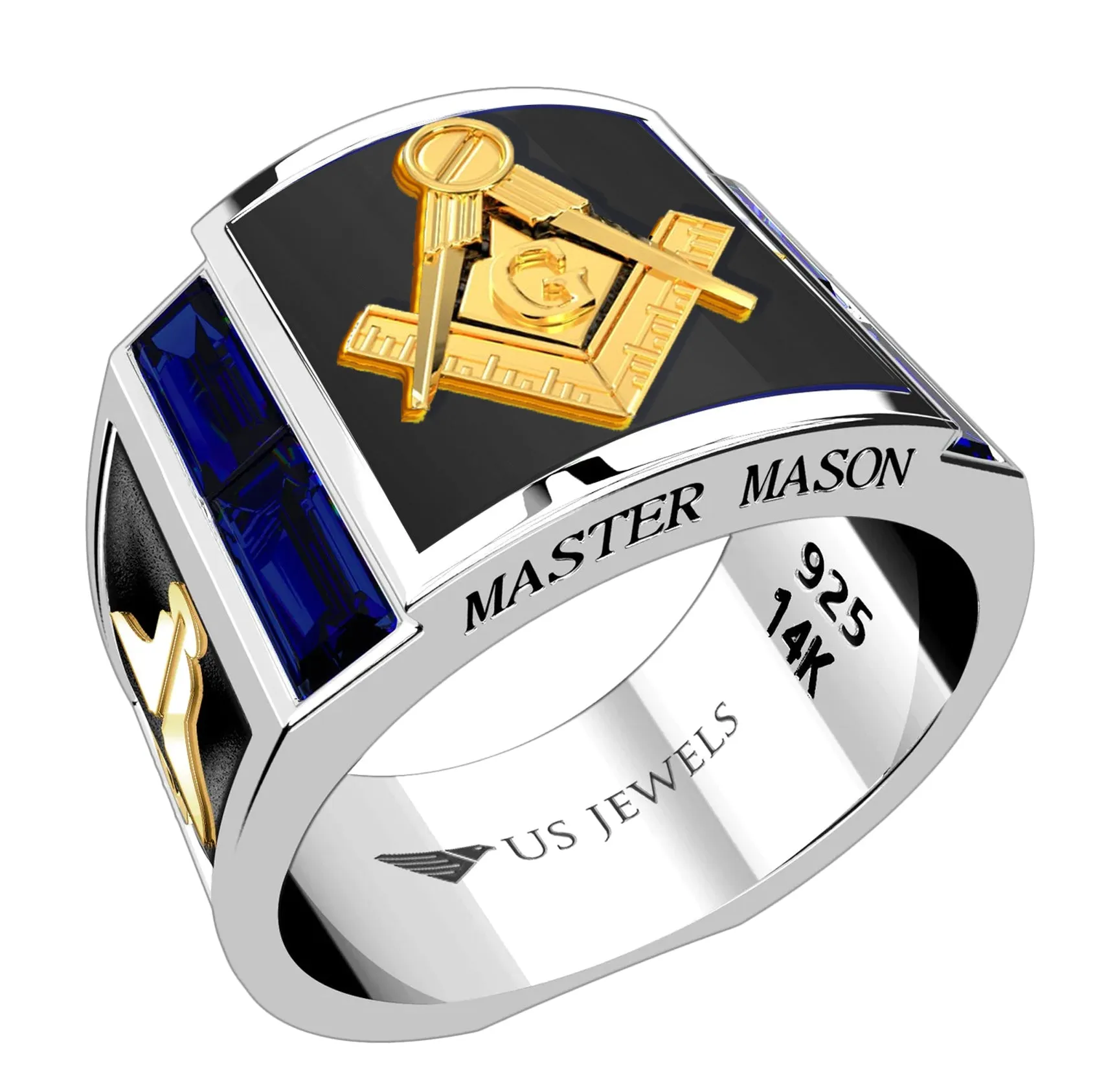 Men's 925 Sterling Silver & 14k Blue Lab Created Sapphire and Onyx Master Mason Masonic Ring