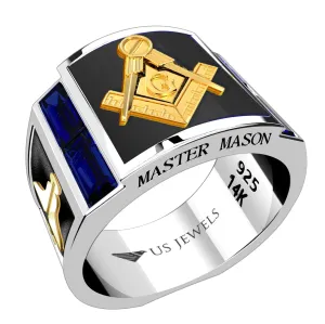 Men's 925 Sterling Silver & 14k Blue Lab Created Sapphire and Onyx Master Mason Masonic Ring
