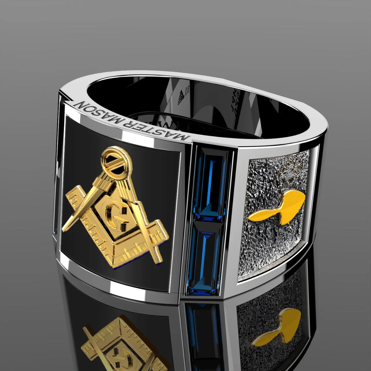 Men's 925 Sterling Silver & 14k Blue Lab Created Sapphire and Onyx Master Mason Masonic Ring