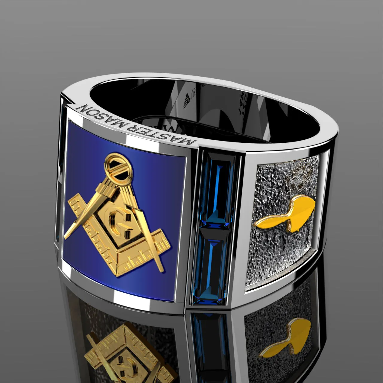 Men's 925 Sterling Silver & 14k Blue Sapphire and Lapis Master Mason Masonic Ring