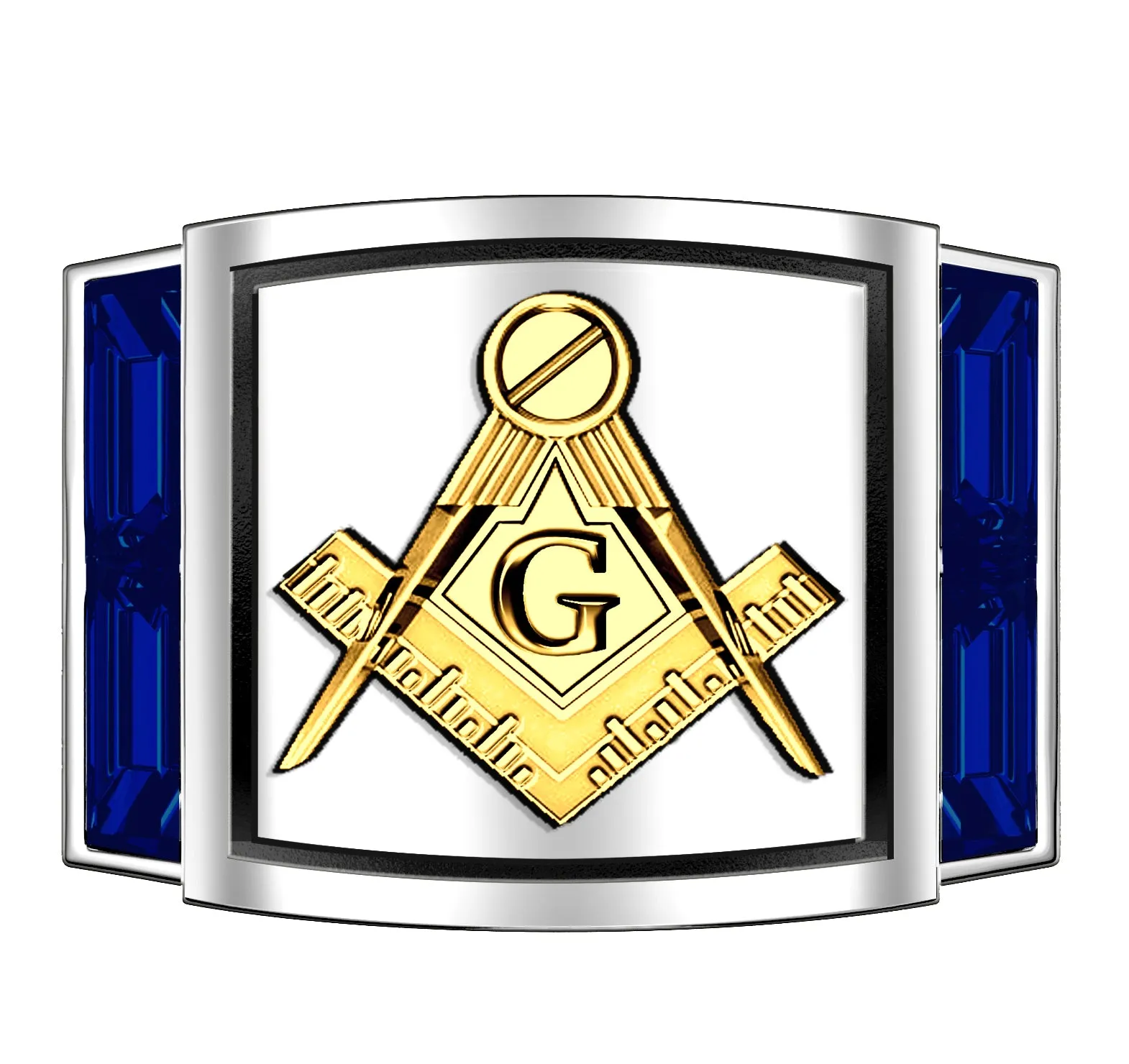 Men's 925 Sterling Silver & 14k Gold Synthetic Sapphire Master Mason Masonic Ring