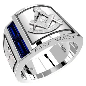 Men's 925 Sterling Silver Synthetic Sapphire Past Master Masonic Ring