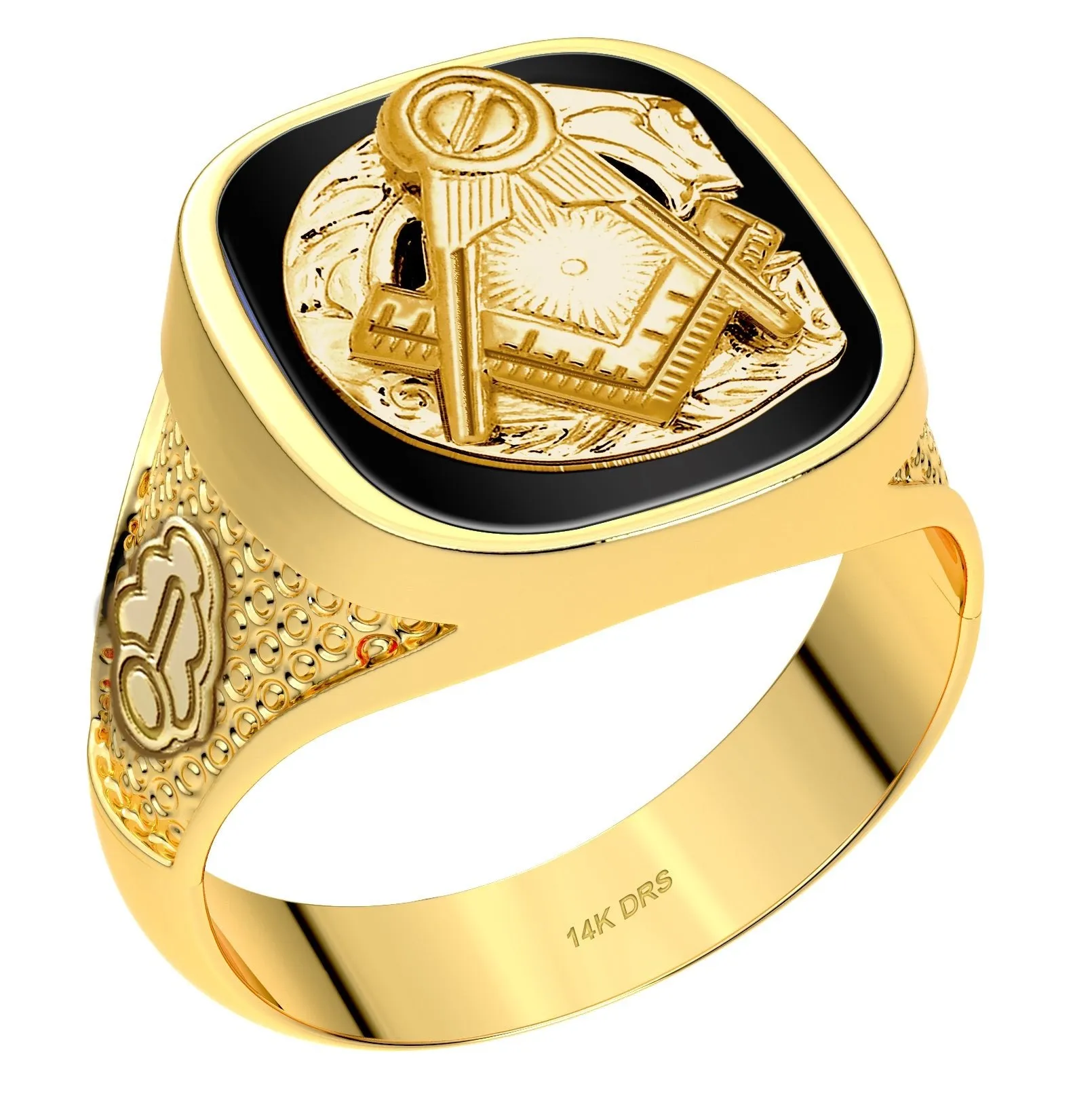 Men's Customizable Solid Back 10K or 14k Yellow and White Gold Masonic Rings