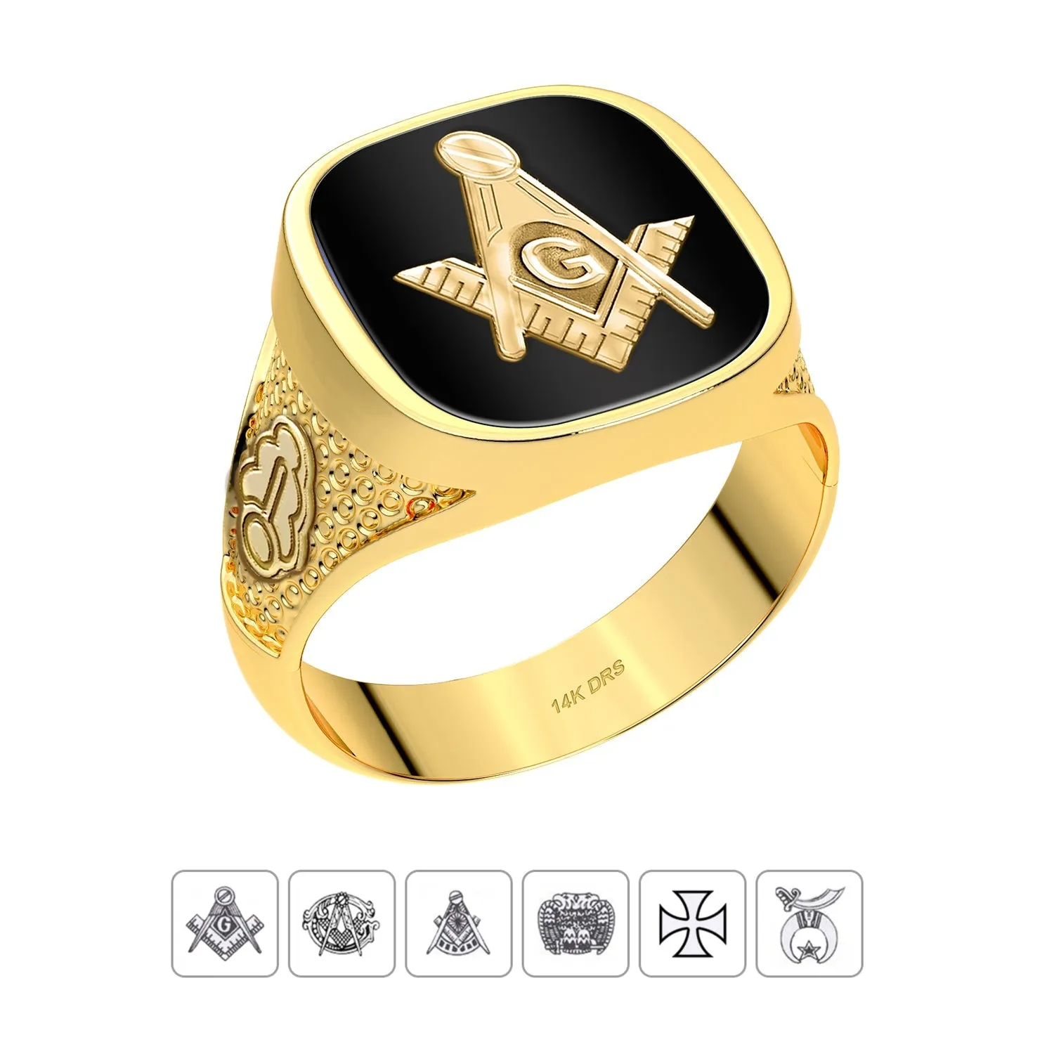 Men's Customizable Solid Back 10K or 14k Yellow and White Gold Masonic Rings