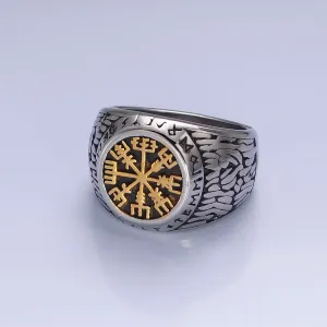 Men's Stainless Steel Vegvisir Icelandic Norse Compass Protection Signet Ring | AA1296 AA1297