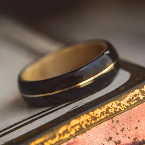 Mens Wedding band featuring Birds Eye Maple, Ebony with Brass Inlay.