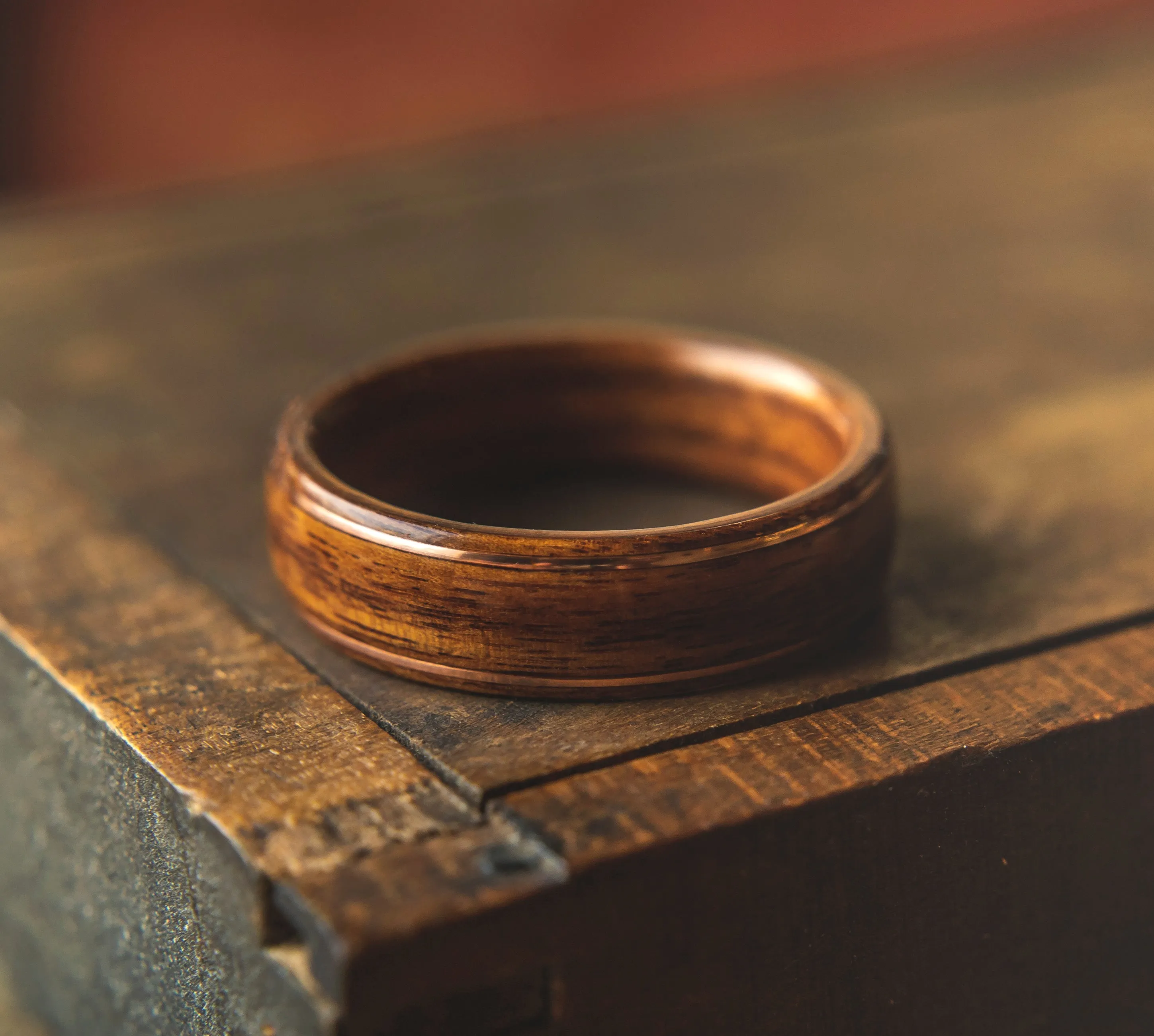 Mens wedding band made from santos rosewood with 2 copper wires