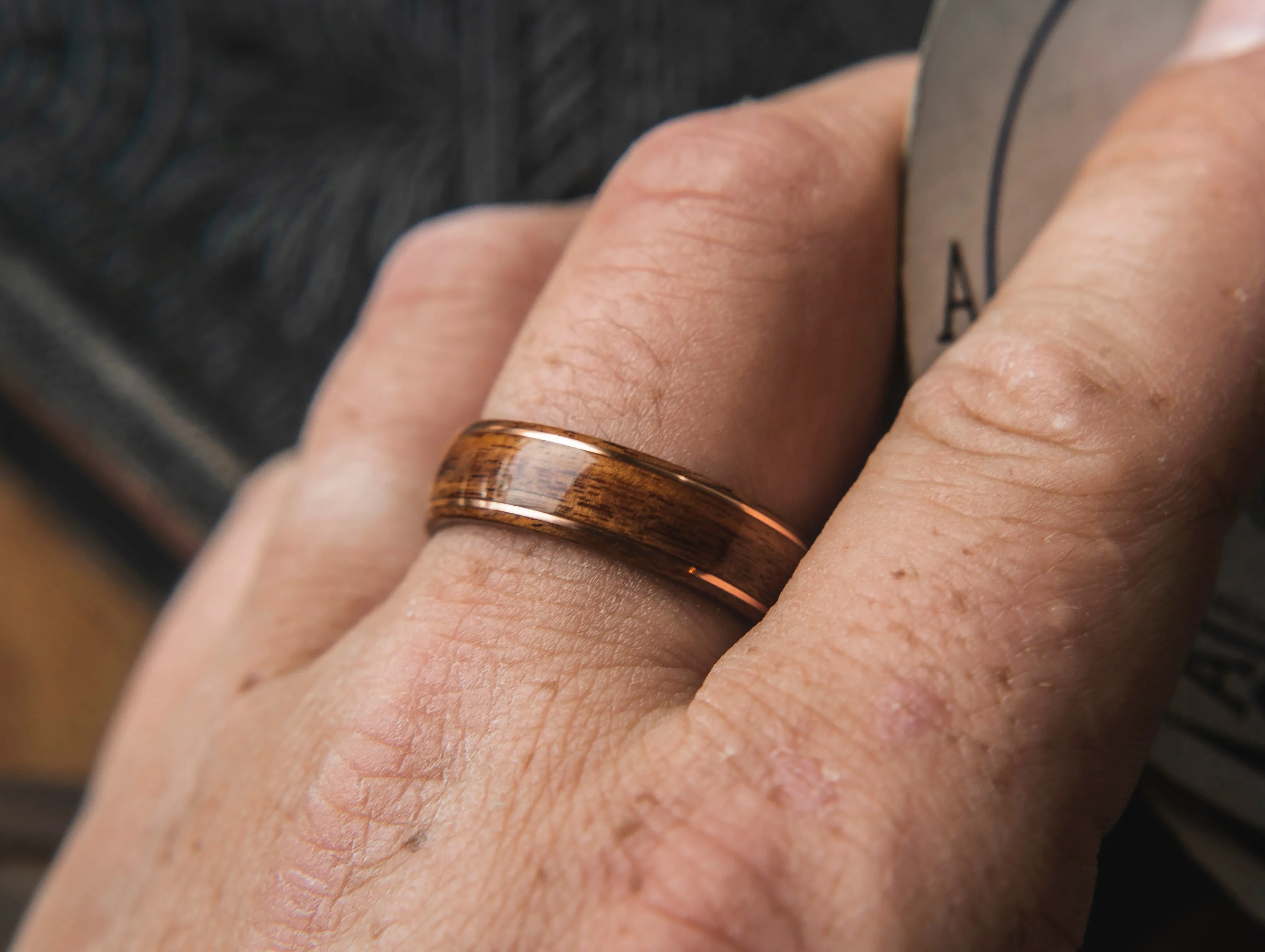 Mens wedding band made from santos rosewood with 2 copper wires