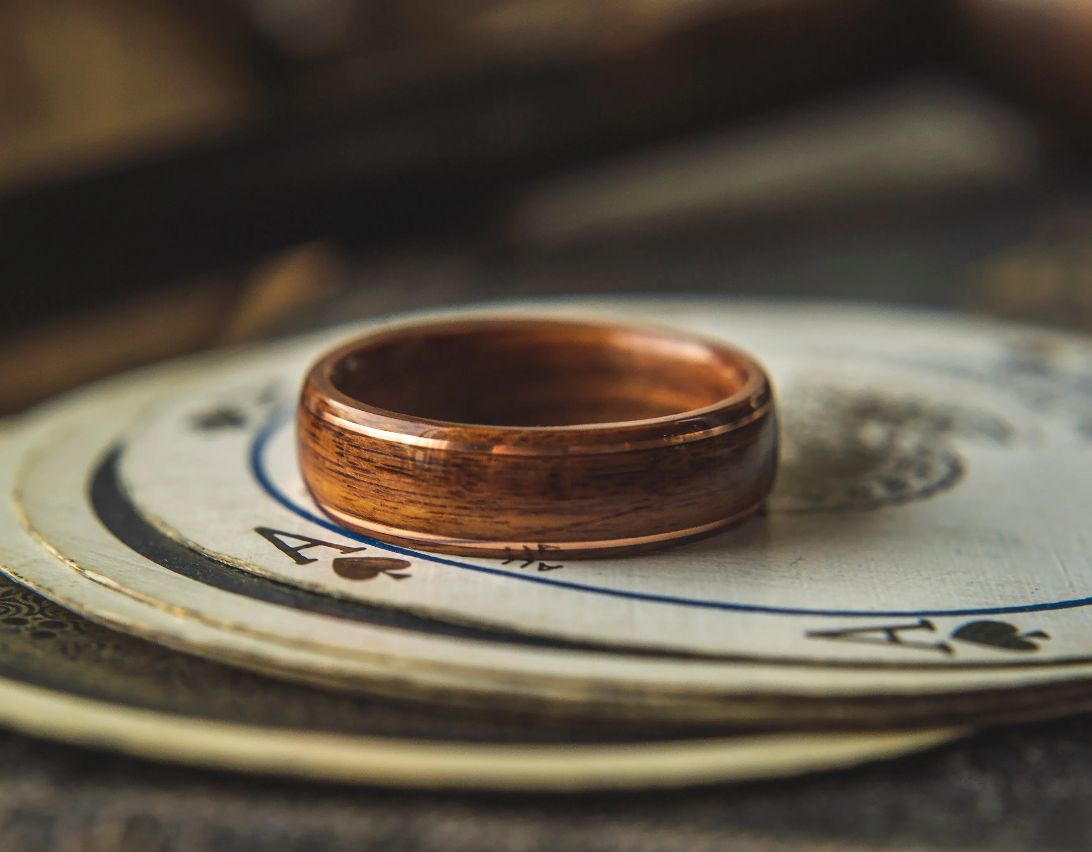 Mens wedding band made from santos rosewood with 2 copper wires