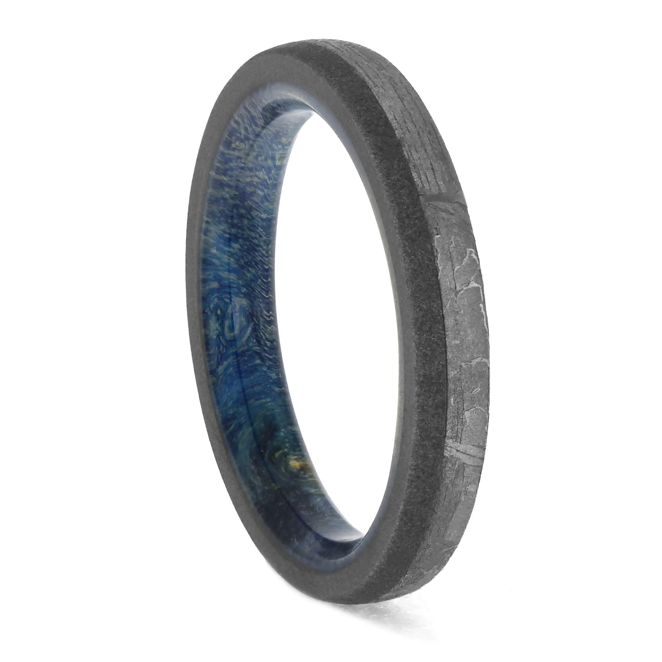 Meteorite and Blue Wood Wedding Band for Women