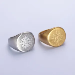 Minimalist Compass Round Signet Ring in Gold & Silver | O-2013~ O-2016