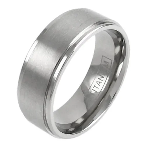 Mirror Polished Titanium Ring with Brushed Finish Center Band and Stepped Edges.