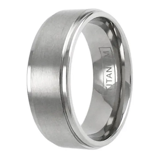 Mirror Polished Titanium Ring with Brushed Finish Center Band and Stepped Edges.