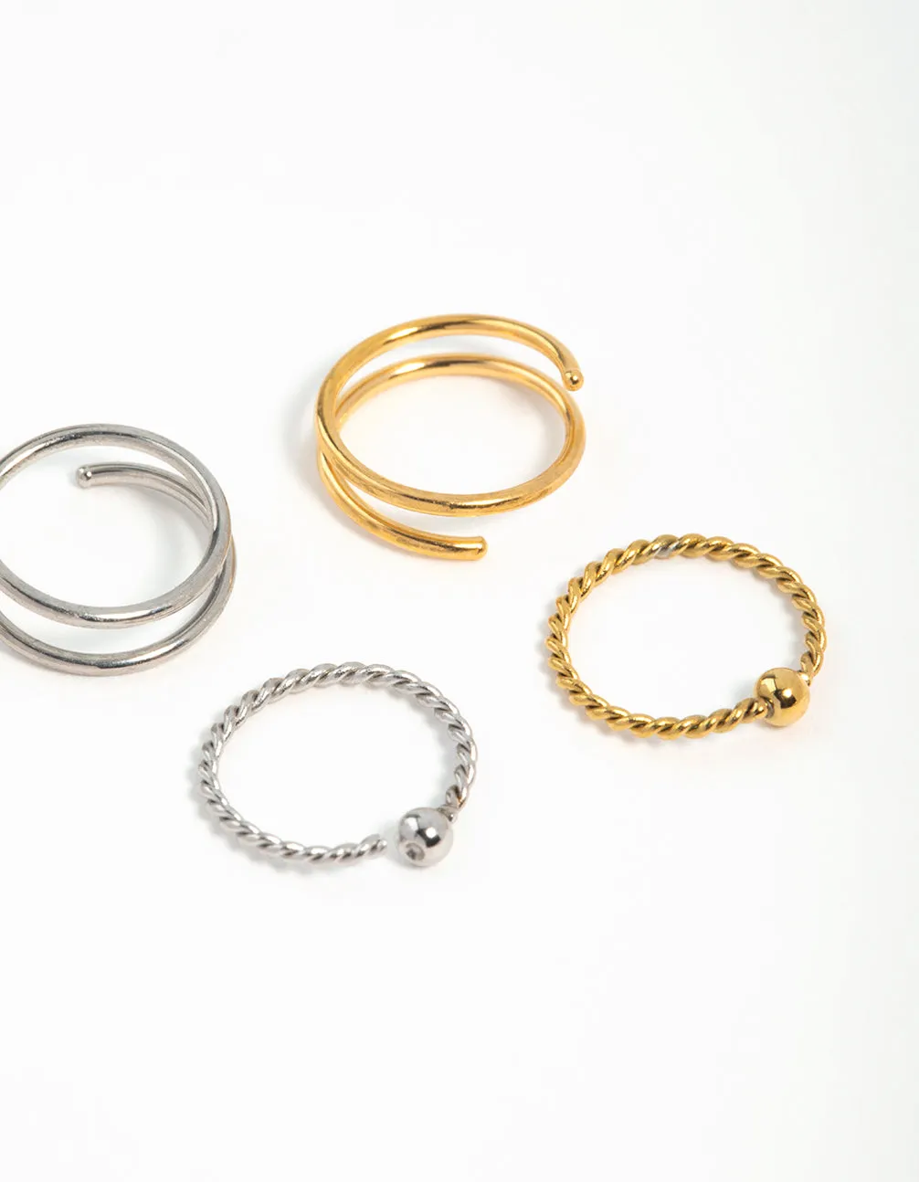 Mixed Metals Rope & Spiral Nose Rings 4-Pack