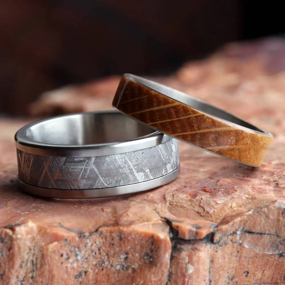 Modular Titanium Ring Set with Whiskey Barrel Oak & Meteorite Inlays