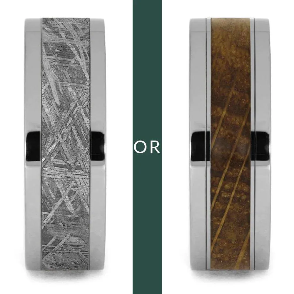 Modular Titanium Ring Set with Whiskey Barrel Oak & Meteorite Inlays