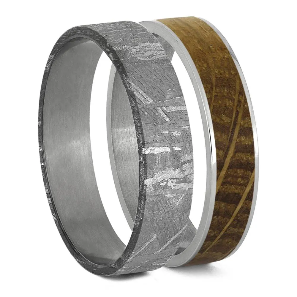 Modular Titanium Ring Set with Whiskey Barrel Oak & Meteorite Inlays