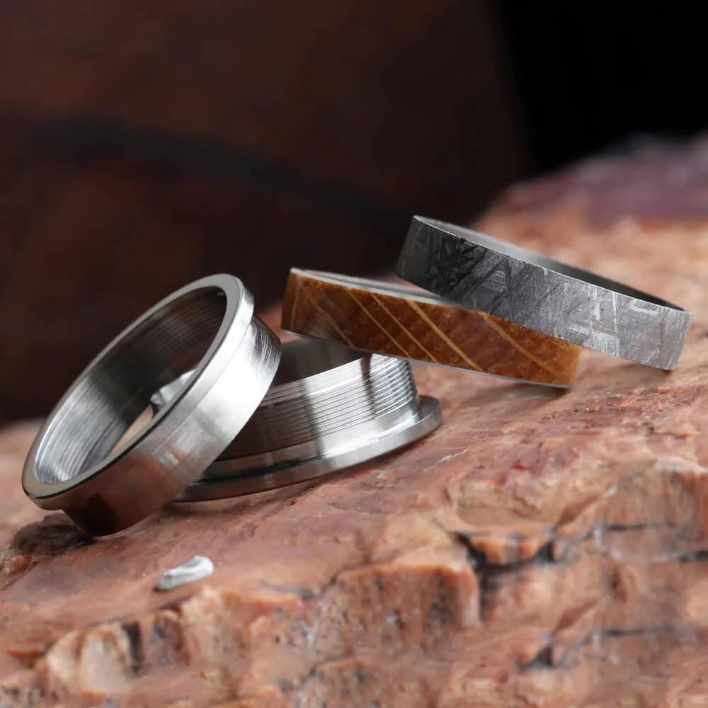 Modular Titanium Ring Set with Whiskey Barrel Oak & Meteorite Inlays