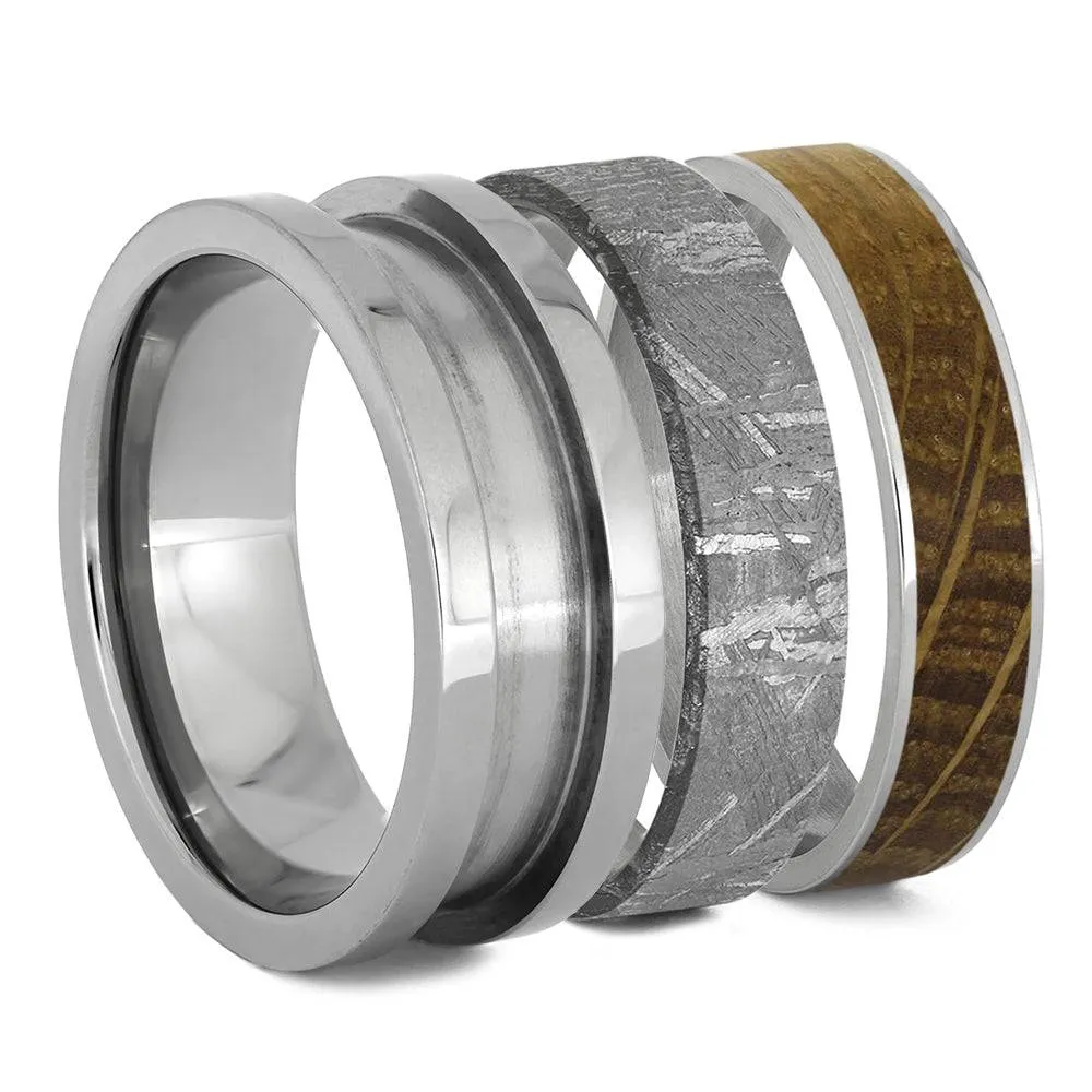 Modular Titanium Ring Set with Whiskey Barrel Oak & Meteorite Inlays