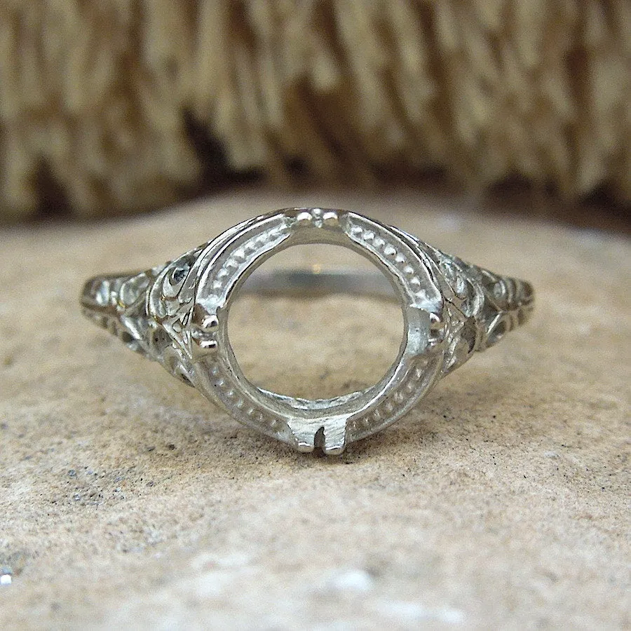 MOUNTING ONLY: Edwardian Style White or Yellow Gold Filigree Mounting for a Large Stone (7.5mm)