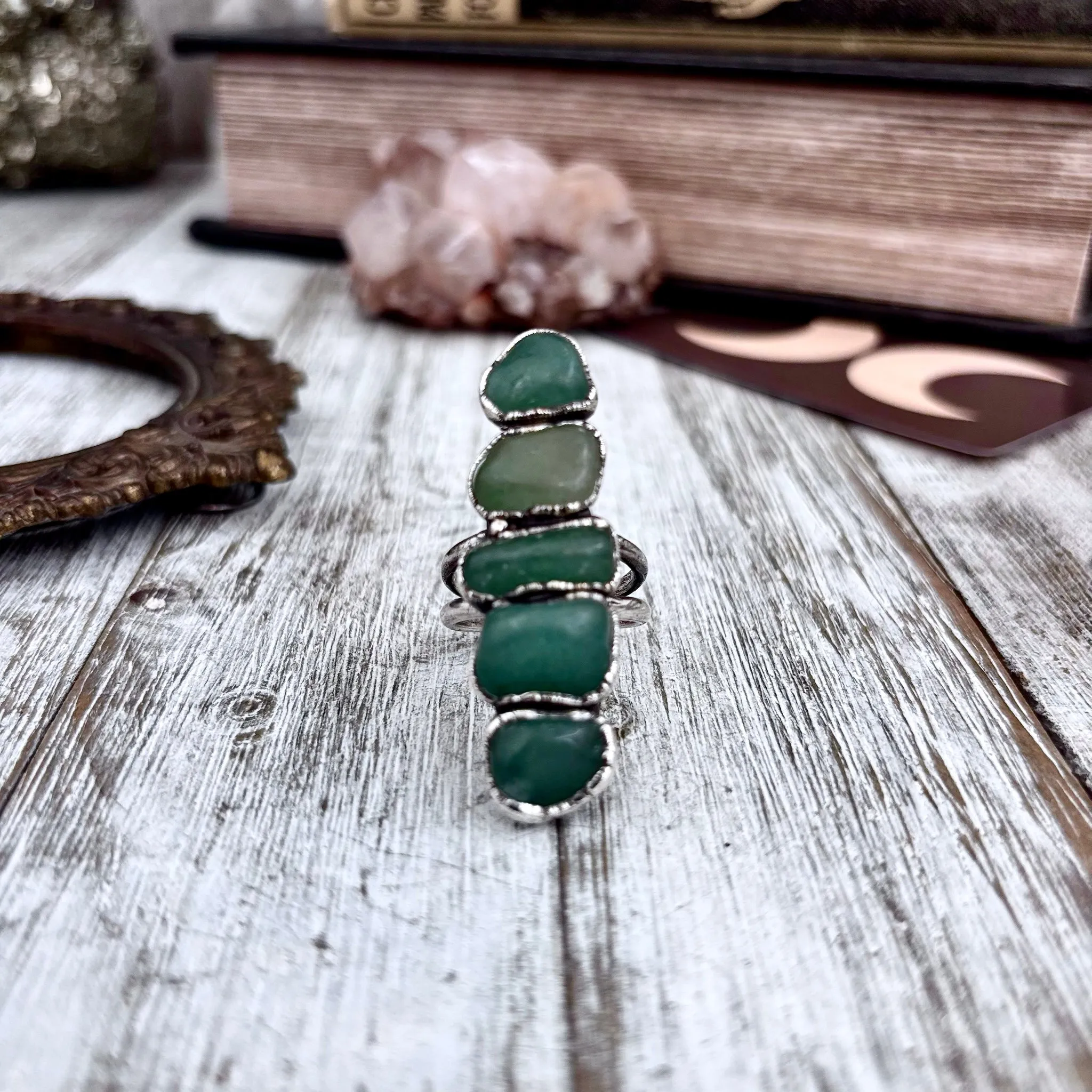 Multi Stone Aventurine Crystal Ring Set in Fine Silver Size 9 / Foxlark Collection - One of a Kind
