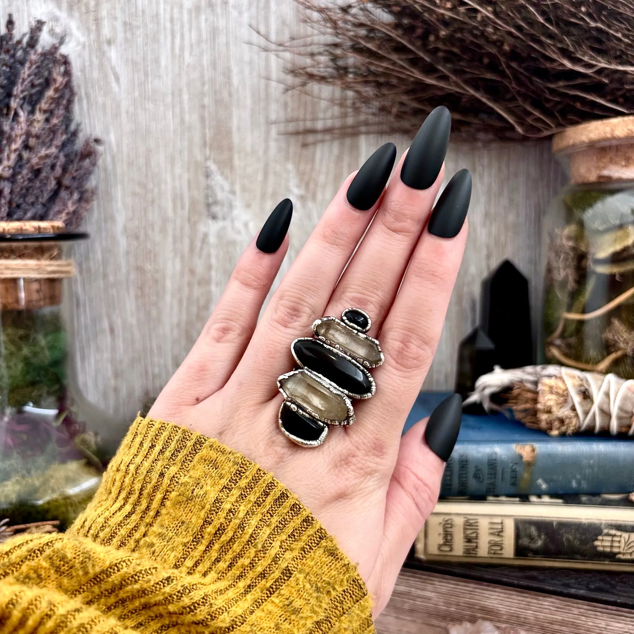 Multi Stone Obsidian Clear Quartz Ring In Silver Size 8.5 / Foxlark Collection