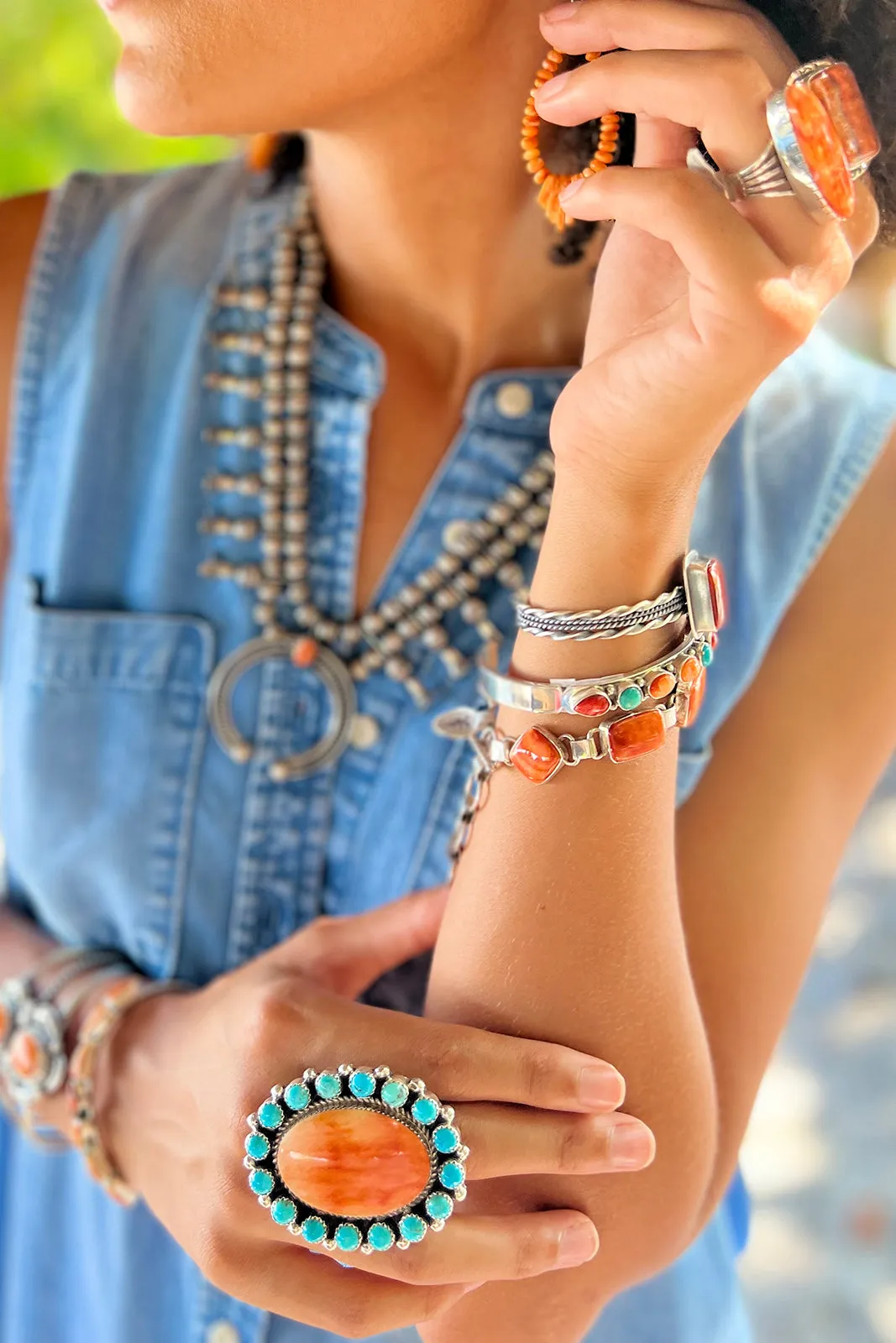 Navajo Orange Spiny Shell and Turquoise Statement Ring (Size 11)