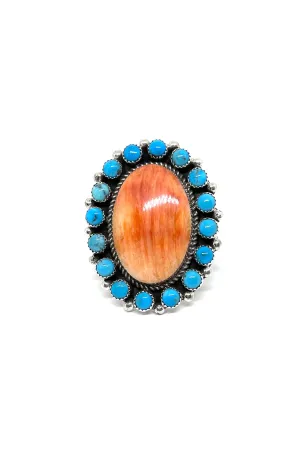 Navajo Orange Spiny Shell and Turquoise Statement Ring (Size 11)