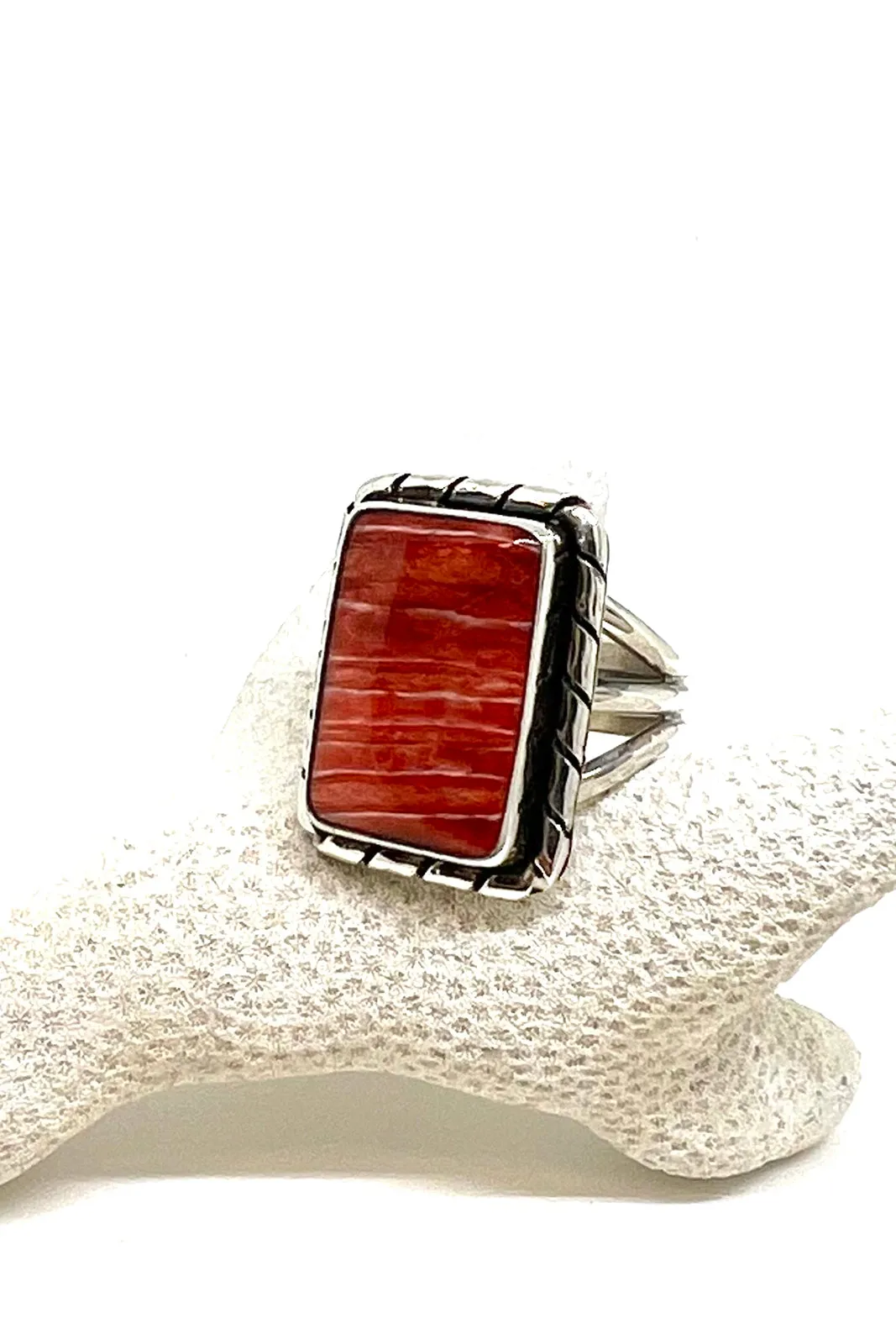 Navajo Red Spiny Shell Rectangle Ring (Size 8 ½)