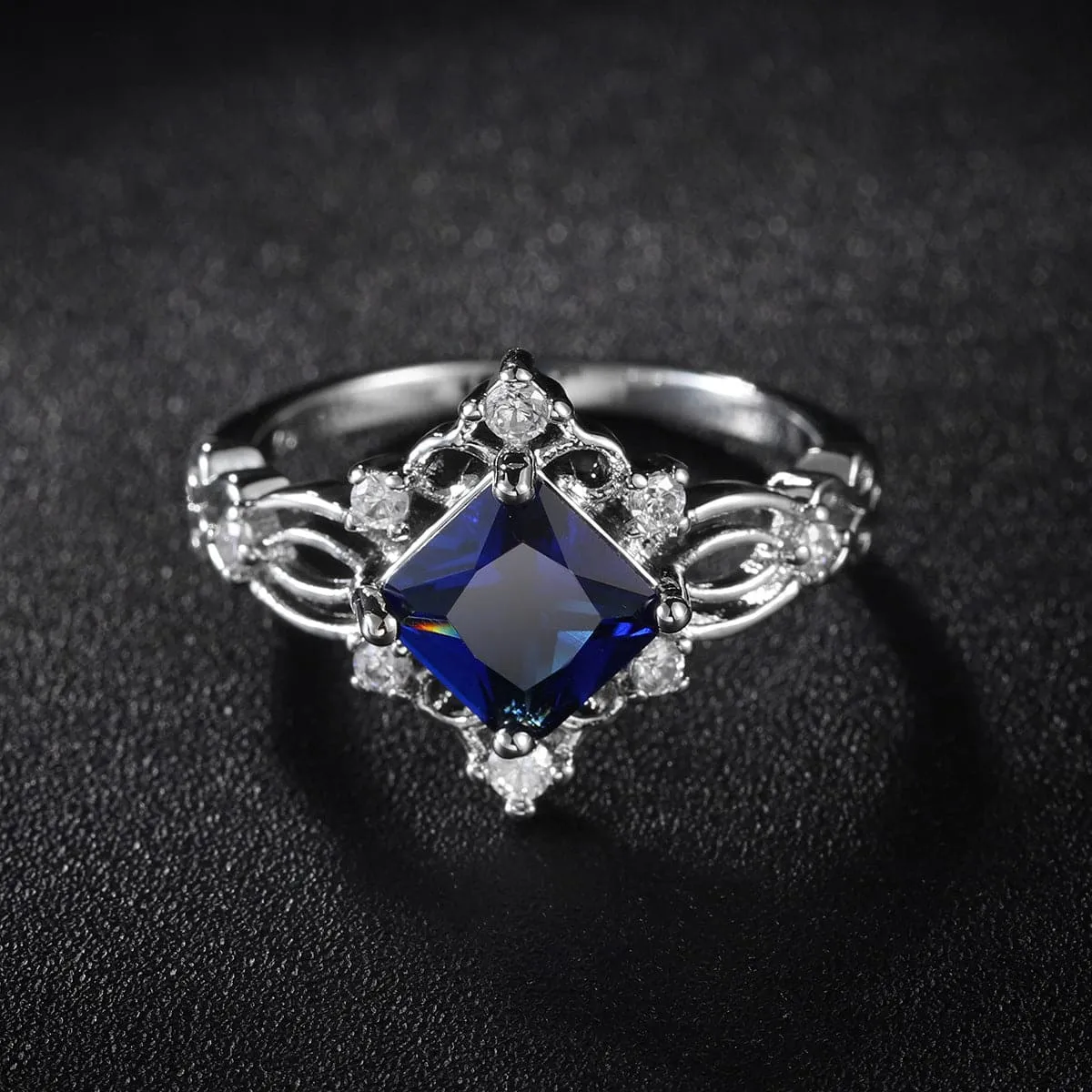 Navy Crystal & Cubic Zirconia Princess-Cut Openwork-Halo Ring