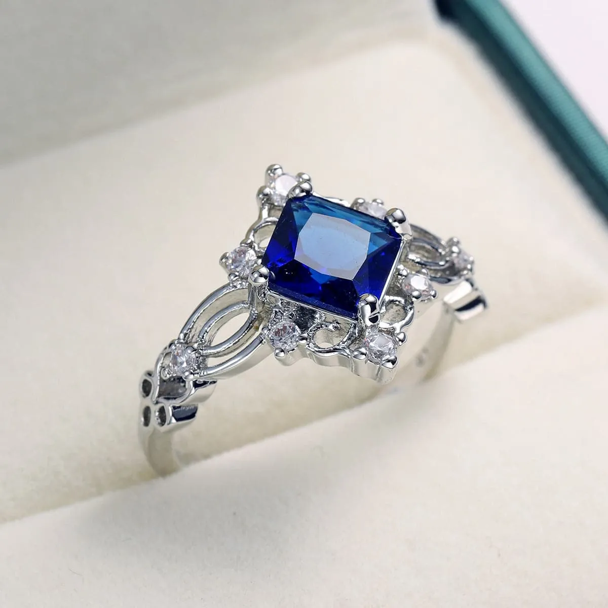 Navy Crystal & Cubic Zirconia Princess-Cut Openwork-Halo Ring