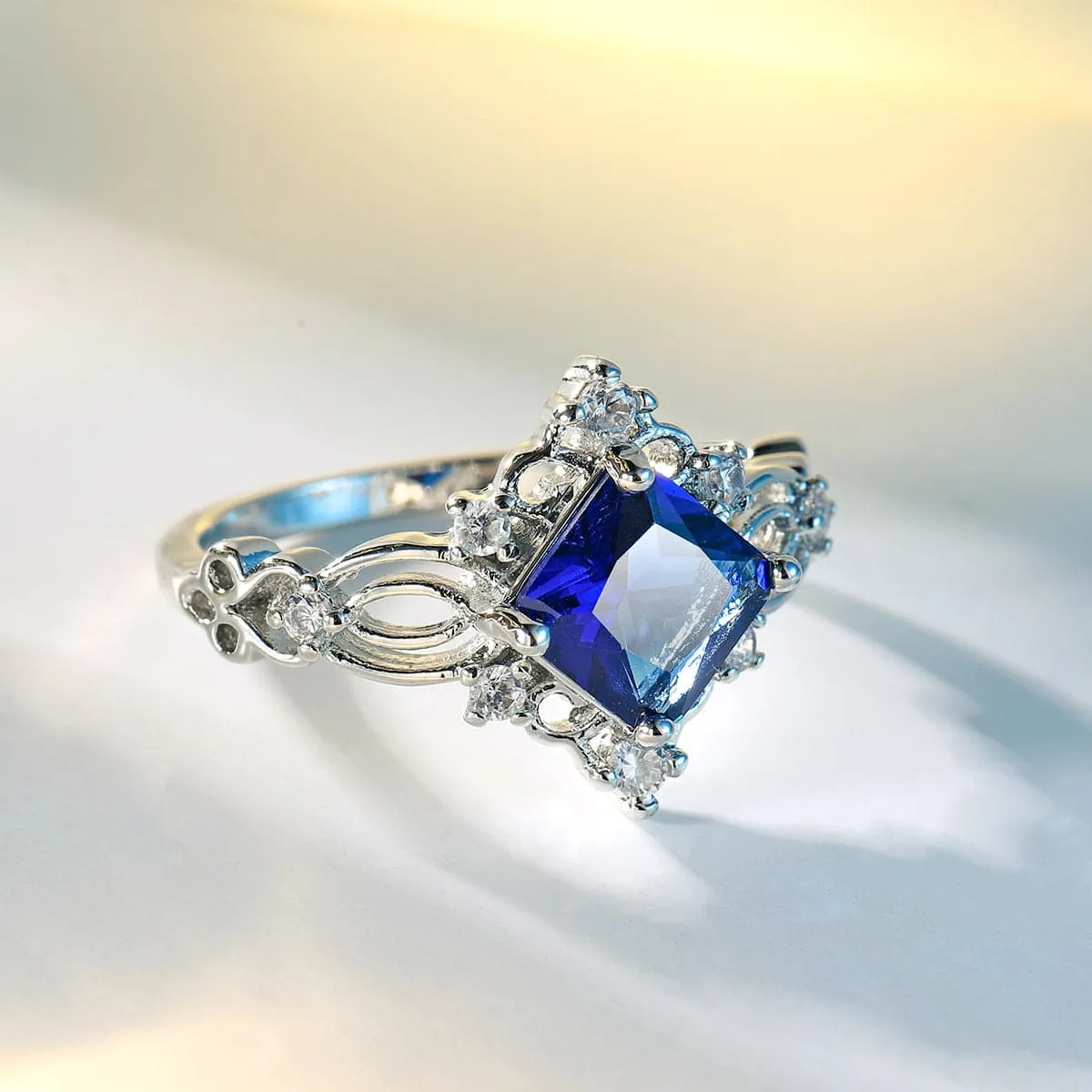 Navy Crystal & Cubic Zirconia Princess-Cut Openwork-Halo Ring