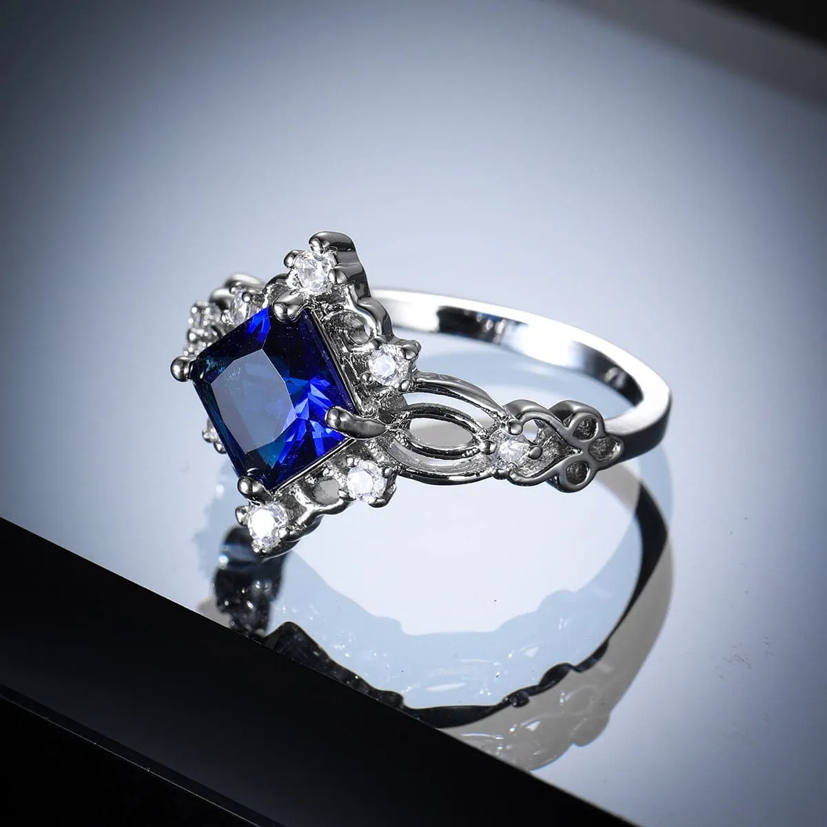 Navy Crystal & Cubic Zirconia Princess-Cut Openwork-Halo Ring