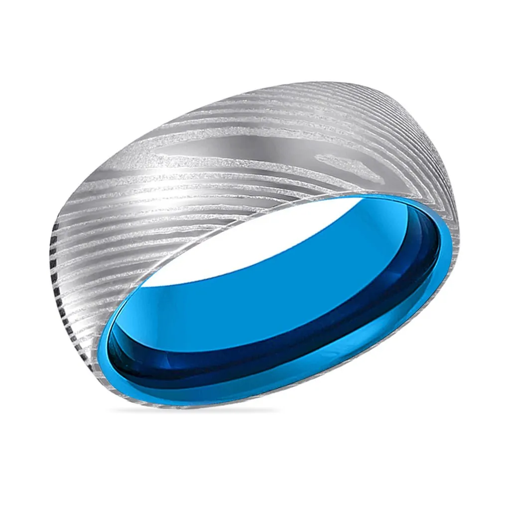 NEPTUNE | Blue Tungsten Ring, Silver Damascus Steel, Domed
