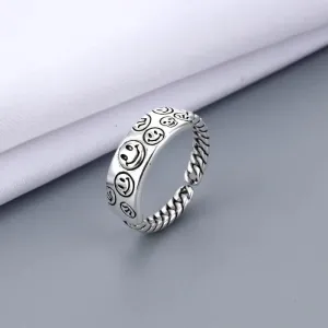 New Trendy Vintage Style Silver Color Happy Smiling Face Rings for Women And Men - Unisex Hip Hop Adjustable Rings