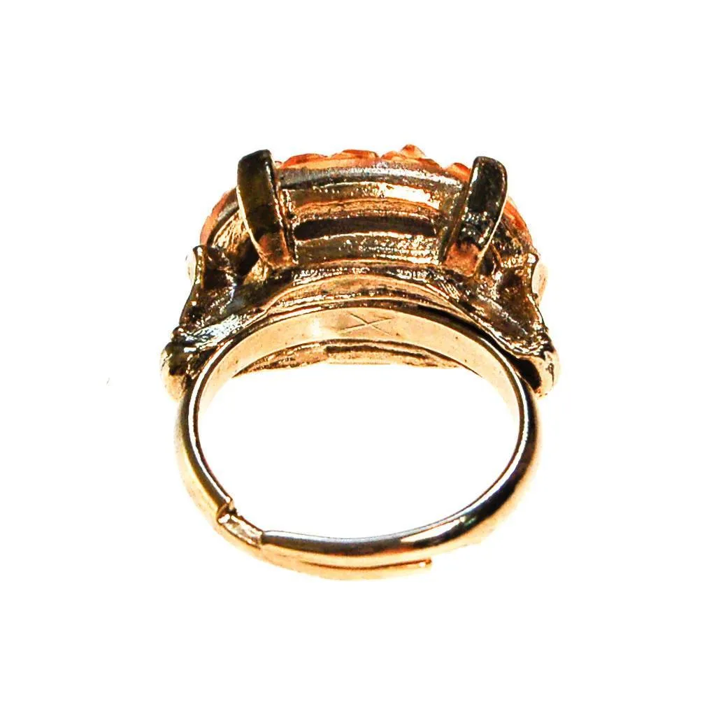 Orange Geode Crystal Statement Ring, Gold Tone, Adjustable, Mid Century Modern