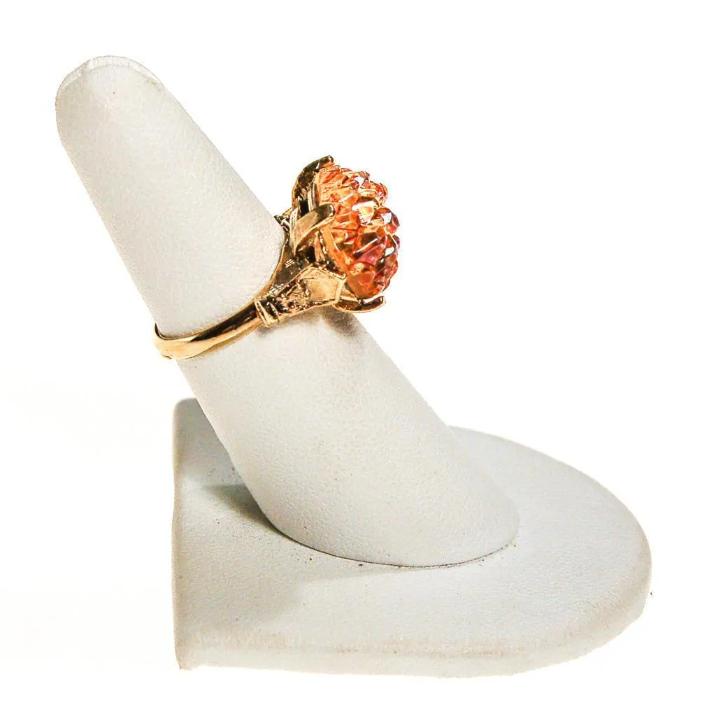 Orange Geode Crystal Statement Ring, Gold Tone, Adjustable, Mid Century Modern