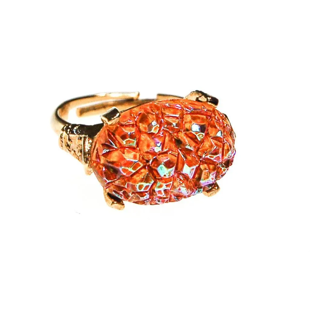 Orange Geode Crystal Statement Ring, Gold Tone, Adjustable, Mid Century Modern