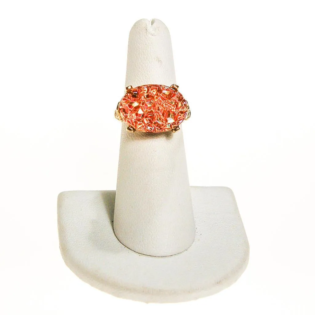 Orange Geode Crystal Statement Ring, Gold Tone, Adjustable, Mid Century Modern