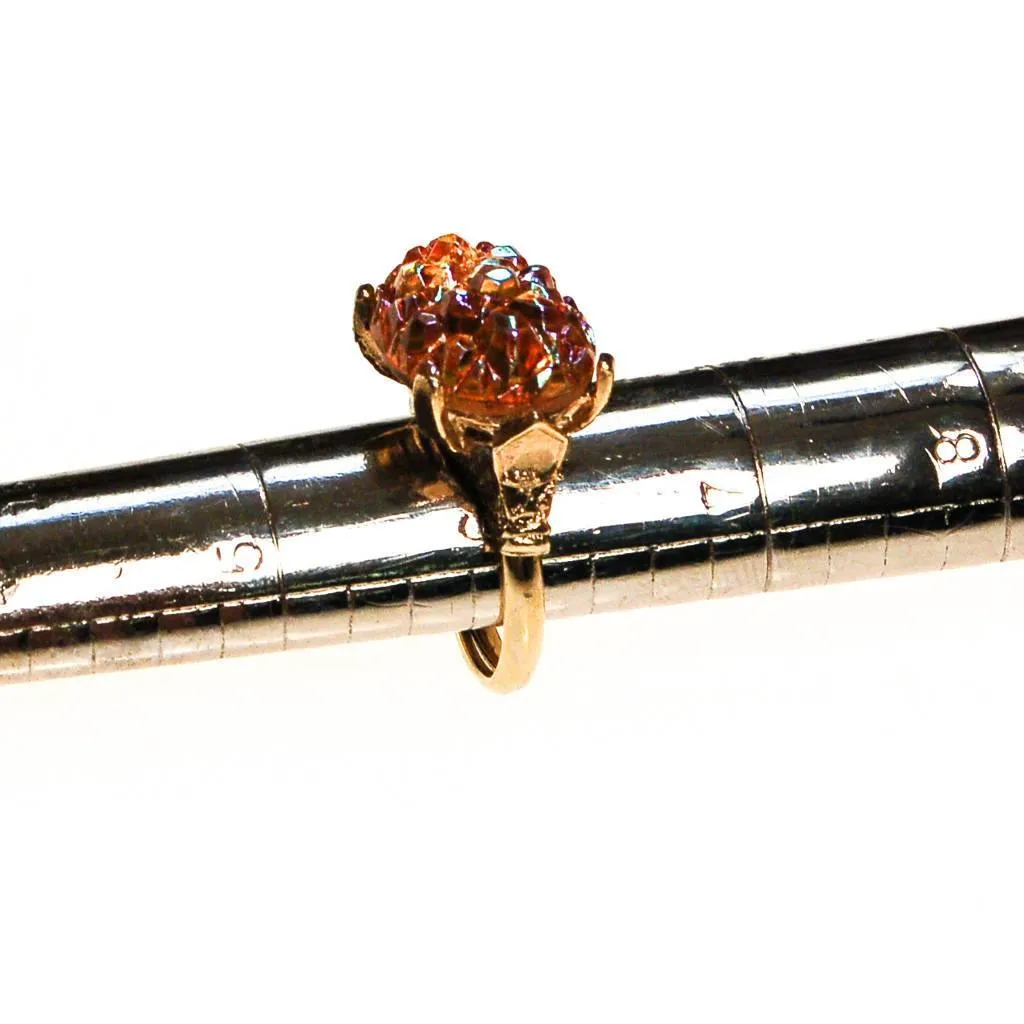 Orange Geode Crystal Statement Ring, Gold Tone, Adjustable, Mid Century Modern