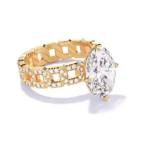 OVAL CUT DIAMOND ENGAGEMENT RING WITH A COMPASS 4 PRONG 16 PAVE LINKS SETTING IN 18K YELLOW GOLD