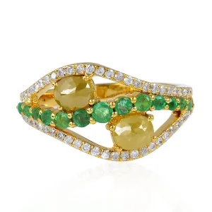 Oval Cut Ice Diamond Round Emerald Fashion Ring Made In 18K Yellow Gold For Her