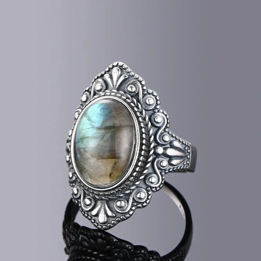 Oval Natural Labradorite Rings Women Men 925 Sterling Silver Ring Finger Ring Retro Gemstone Rings Jewelry Party Gift