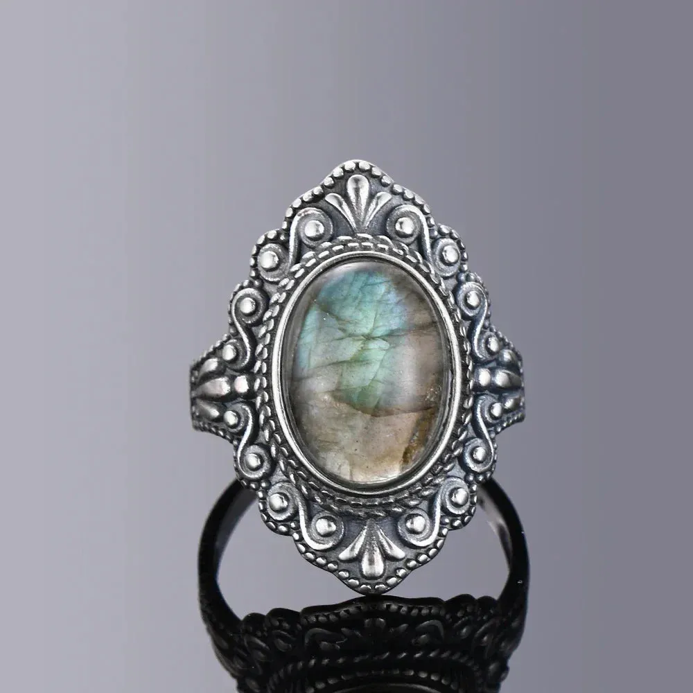 Oval Natural Labradorite Rings Women Men 925 Sterling Silver Ring Finger Ring Retro Gemstone Rings Jewelry Party Gift
