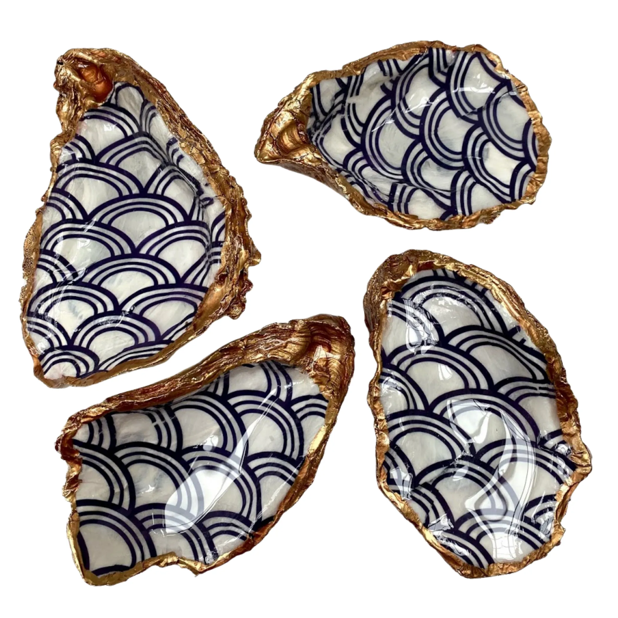 Oyster Shell Art, Jewelry Dish,  Blue White Seigaiha Design