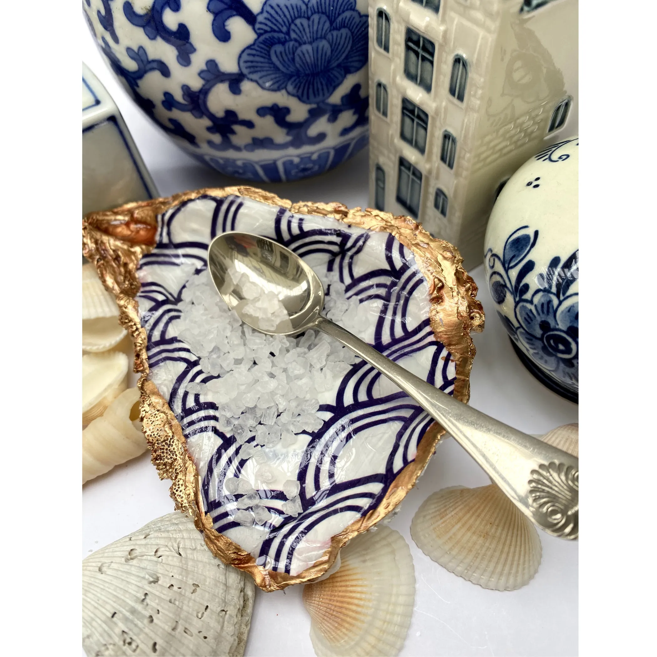 Oyster Shell Art, Jewelry Dish,  Blue White Seigaiha Design
