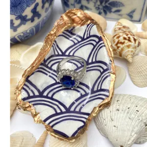 Oyster Shell Art, Jewelry Dish,  Blue White Seigaiha Design